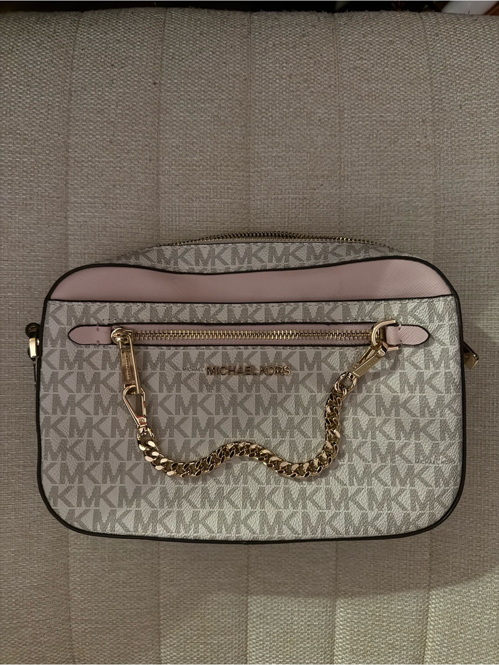 Michael Kors Pink and Ivory MK Logo Crossbody with Gold Chain